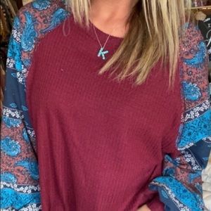 Burgundy w/ blue accent balloon sleeves M